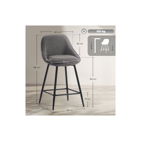 Set de 2 tabourets de bar avec revêtement velours côtelé et pieds en acier, chaises rembourrées pour îlot de cuisine, salle à manger, gris (1/5)