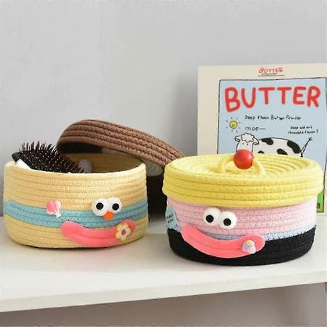 Panier de rangement de bureau avec couvercle, boîte de rangement tressée pour les collations, table basse, salon, rangement pour jouets en laine