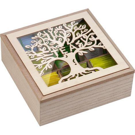 Boîte à thé, boîte de rangement en bois, pour sachets de thé sucre capsules de café boîte de conservation avec arbre de vie et couvercle en verre (1/5)