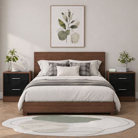 Reflect 2 Drawer Bedside Bundle (2x) - Black Gloss & Walnut - Modern Bedside