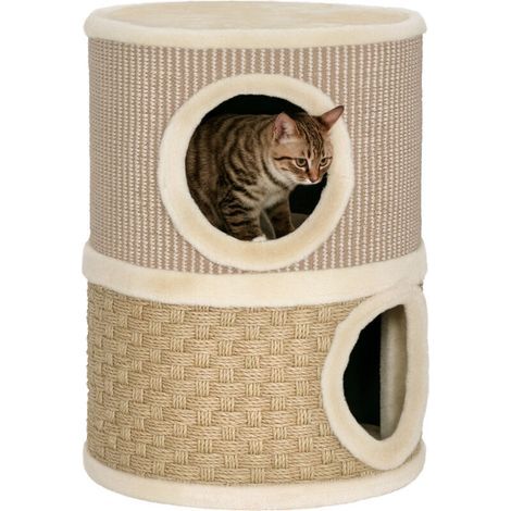 Tonneau à gratter pour chat arbre à chat sisal naturel et herbiers marins recouvert de peluche 35,5x35,5x49cm kaki café (1/5)