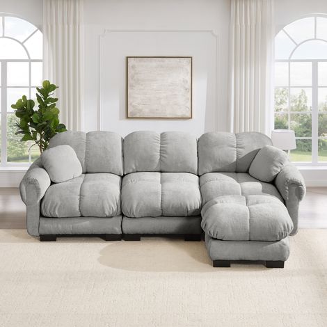Canapé d’angle 3 places gris clair en chenille avec ottomane mobile et coussins décoratifs (1/5)