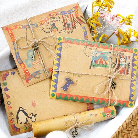 Lot de 12 enveloppes + 24 papiers à lettres + 12 autocollants + 10 m de corde en chanvre + accessoires clés notes de musique, série cirque, papeterie cadeau, enveloppes rétro en kraft dessin animé (sa (1/5)