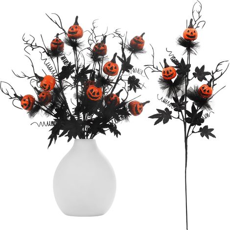 Décorations d'Halloween (lot de 5) : citrouille artificielle de 50 cm et branches de feuilles d'érable, ornements en brindilles noires et orange pour la décoration intérieure de vases et de fêtes. (1/5)