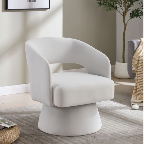 Poltrona girevole beige in cheniglia e legno con base rotante a 360° (1/5)