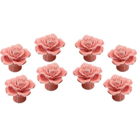 Set mit 8 rosa Keramikknöpfen, Vintage-Keramikgriffe mit Rosenmuster für Küchenschränke und Kommoden