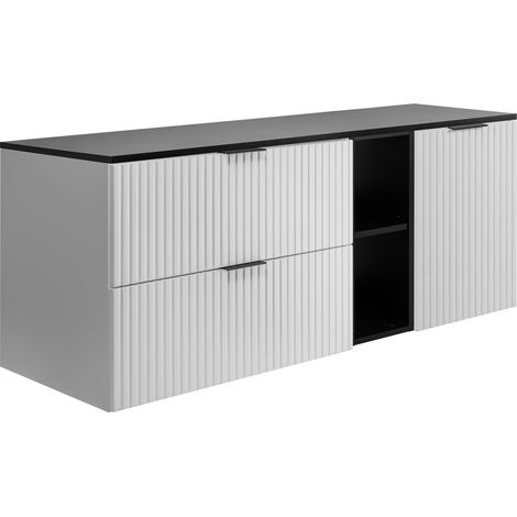 Set da bagno: mobile con cassetti, mobile con ante e ripiano 57×46×140 cm, colore: bianco / nero, maniglia nera (1/5)