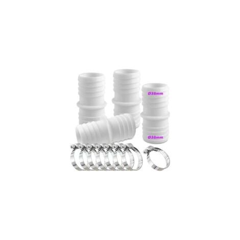 Set mit 4 x 38-mm-Schlauchverschraubungen und 8 Schlauchschellen – Doppelschlauchadapter (weiß)