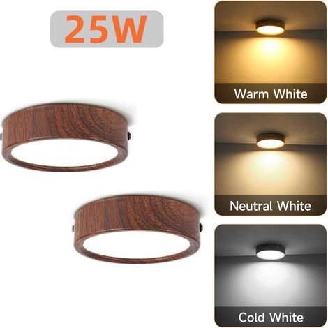 Lot de 2 Spots LED 25W, 3 Couleurs de Lumière, Plafonniers Ronds Extra-Plats à Poser, Effet Bois Noyer, Lampe de Plafond Moderne pour Salon Chambre Cuisine (1/5)