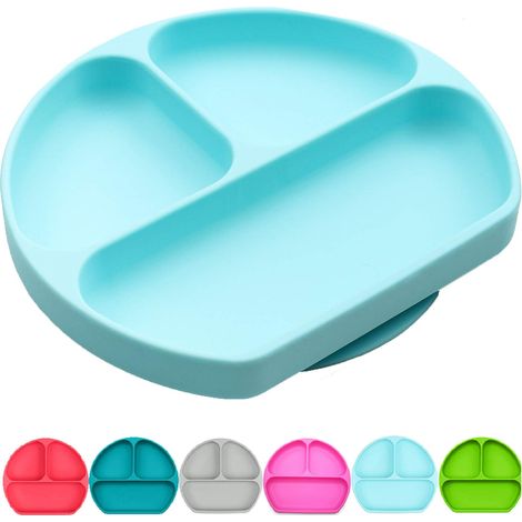Assiette à ventouse pour tout-petits Sans BPA, 100 % silicone alimentaire Compatible micro-ondes, lave-vaisselle et four Bols et assiettes compartimentés qui restent bien en place pour bébés et enf (1/5)