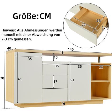 MEUBLIV Sideboard 140 cm Weiß und Holzdekor – 2 Türen, 3 Schubladen, LED (1/5)