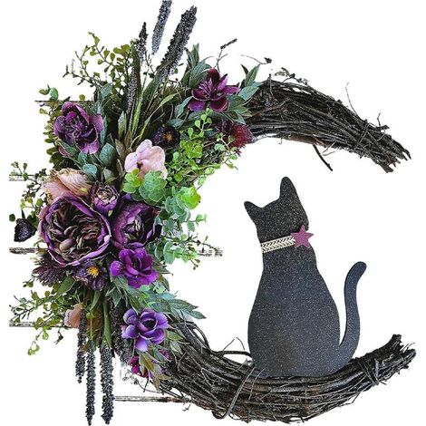 Mondkatzen-Kranz für Halloween, Türdekoration, Zweige, Kätzchen, Kunstblumen, Mondkatzen-Kranz - A3 (1/5)