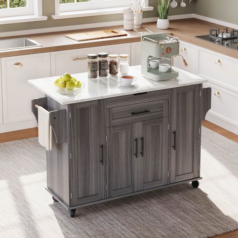 Îlot de cuisine 136x70x92 cm gris en MDF avec plateau extensible, tiroir à couverts et roulettes (1/5)