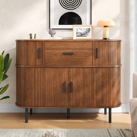 Credenza a due livelli con ante scorrevoli - mobiletto 110x35x81.5cm con cassetto madia per soggiorno in mdf - noce (1/5)