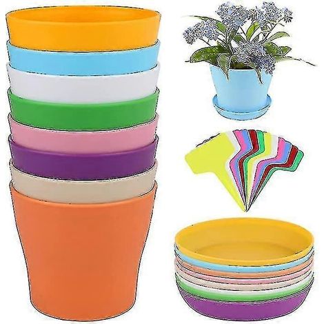 Lot de 8 jardinières en plastique avec soucoupes, pots de fleurs et de semis décoratifs. (1/5)