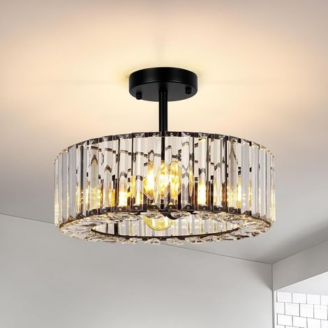 Moderne Plafonnier en Cristal Noir,4 Flammes Grand Lustre Rond Cristal Abat-jour Métal Plafonnier E27 pour Chambre à coucher Salon Salle à manger Cuisine Couloir,Ø37cm (1/5)