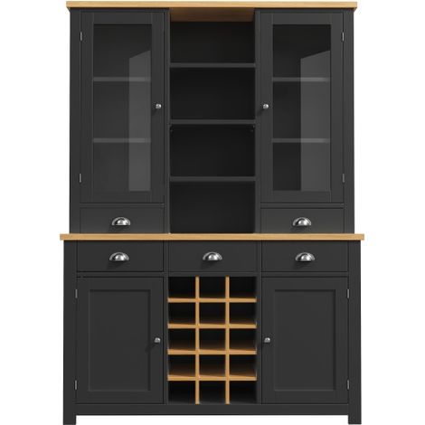 Vaisselier noir anti-basculement, porte vitrée, étagère vin amovible