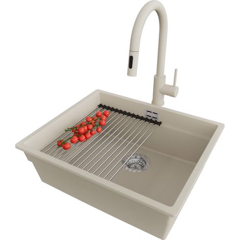 PRIMAGRAN Evier Sous Plan 56x47cm,Evier en Granit 1 bac + Robinet 40x20cm + Kit de Vidage + Égouttoir Enroulable, Évier au meuble 60cm - Prague, Beige (1/5)