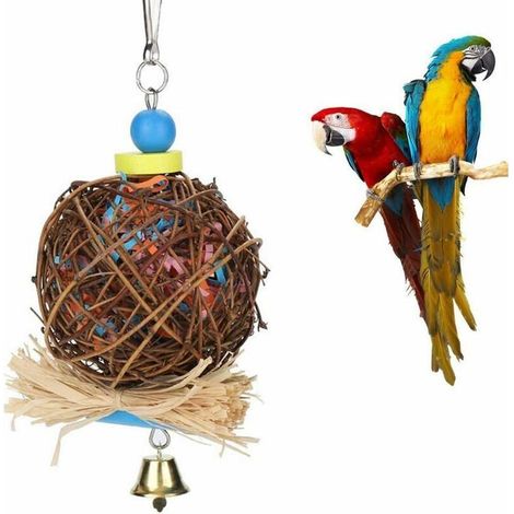 Bird Parrot Toy, Bird Chew Toy, Natural Rattan Ball with Paper Strips and Metal Bell, Bird Parrot Swing Toys for Birds, Parakeets, Perching Parrots (1/5)