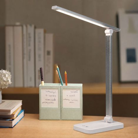 Lampada da scrivania a LED pieghevole, corpo in alluminio spazzolato, regolazione touch a 3 livelli, rotazione a 270°, USB 5V, 6W, ideale per studiare e leggere. (1/4)