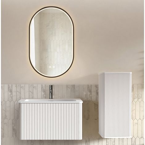 Set mobili bagno 80 cm con lavabo, pensile laterale e specchio LED ovale bianco (1/5)