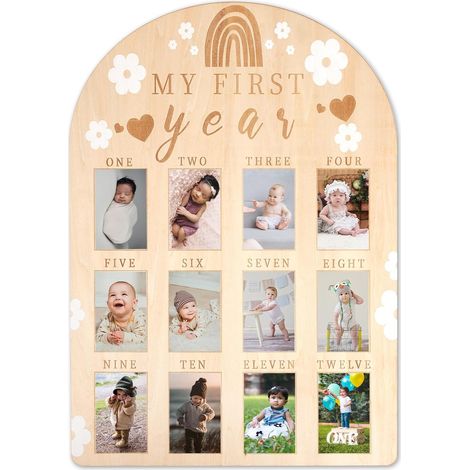 Cadre Photo Bébé - 1 Pièce - Bois Naturel - Affichage Première Année - Décoration Chambre Enfant - 43x30,5 cm (1/5)