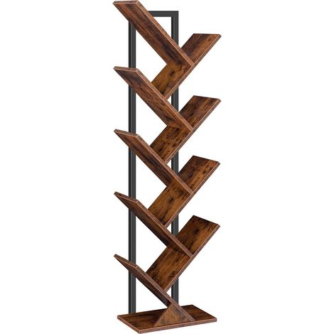 Bibliothèque, Étagère à 9 Niveaux, Étagère sur Pieds, Meuble de Rangement, en Forme d’Arbre, Salon, Bureau, Solide, Durable, Marron Rustique et Noir (1/5)