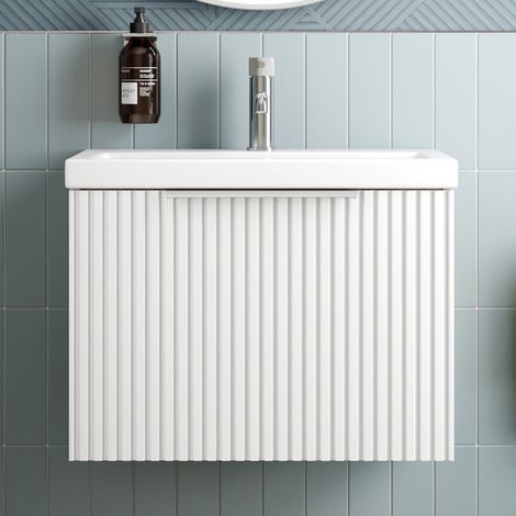 Fluted 600mm Bathroom Vanity Unit Basin Wall Hung Cupboard Soft Close Matt White (1/5)