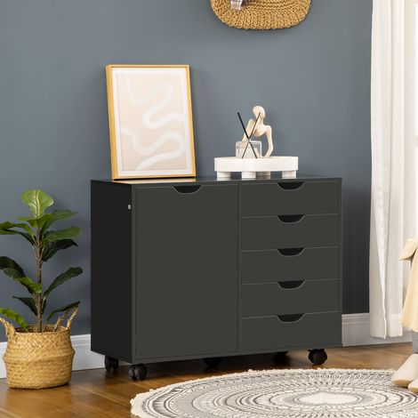 Caisson de bureau avec 5 tiroirs 1 porte étagère réglable, support imprimante sur roulettes, 78x40x66,5 cm, noir (1/5)