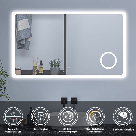 120 x 70 cm Badspiegel Wandspiegel Badezimmerspiegel LED Touch Beleuchtung Beschlagfrei+Kosmetikspiegel+3 Farben Dimmbar+LED Memory Funktion (1/5)