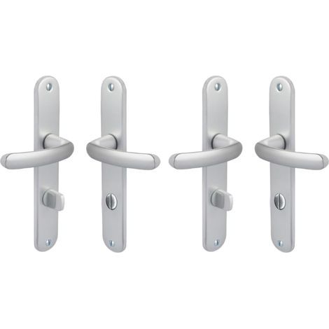 Set Door Handle on Locking Plate, 195mm Hole Spacing, Silver Aluminum, for Toilet and Bathroom (1/3)