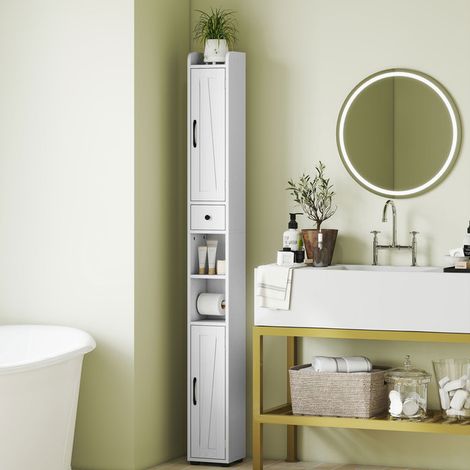 Armoire salle de bain haute, meuble de rangement colonne, 2 portes, tiroir, étagères réglables, 20x20x185cm, blanc (1/5)