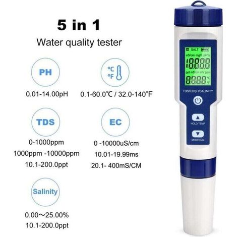 Ph-mètre Testeur PH Electronique , Testeur Eau Piscine 5 en 1 avec Rétro-éclairage , PH/TDS/EC/Salinité/TempmèTre avec ATC , PH Metre Haute Précision de Résolution 0.01 , pour Eau Potable , Aquarium , (1/5)
