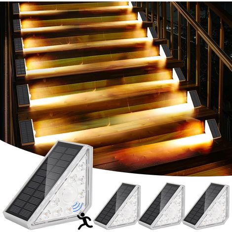 Luces solares para escaleras de exterior, paquete de 4, luz blanca cálida de 3000 K con sensor, IP67, impermeables, luces LED para terraza y escalones.
