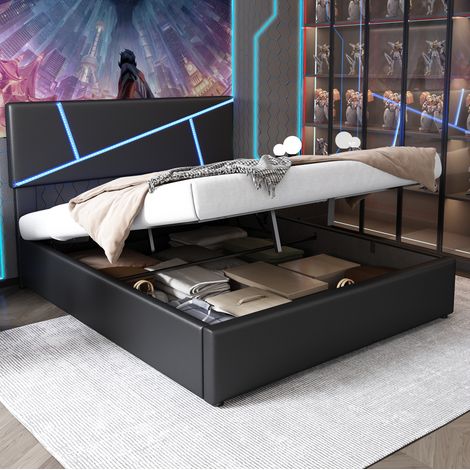 CHICFURN Letto matrimoniale 140x200 cm in PU nero con LED e vano idraulico, senza materasso (1/5)