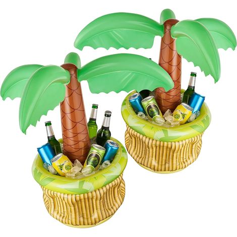 Lot de 2 glacières gonflables en forme de palmier, idéales pour les fêtes à thème piscine. Parfaites pour une soirée d'été ou un anniversaire. (1/5)
