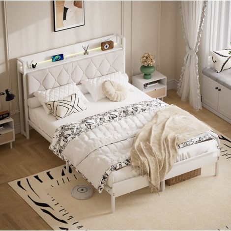 Etagenbett 140/190 cm weiß mit gepolstertem Kopfteil, LED und USB, moderner Stil mit Stauraum (1/5)
