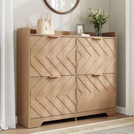 Meuble à Chaussures 105 cm avec 4 Abattants et Relief 3D - Étagère Supérieure, Design Gain de Place, Naturel (1/5)