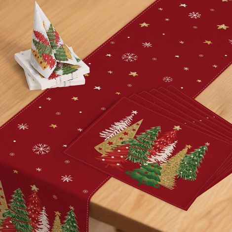 Weihnachts Tischdeko Set: Tischläufer 40x180cm, 6 Platzsets, 40 Servietten Rot