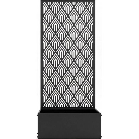 Jardinera alta de metal con celosía y panel geométrico, negra, 45 x 21,5 x 110 cm (1/4)