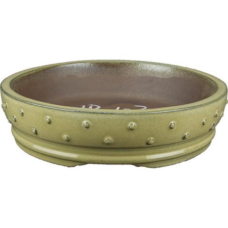 Vaso per bonsai rotondo borchiato in gres smaltato verde chiaro 27x27x6 cm - YP103