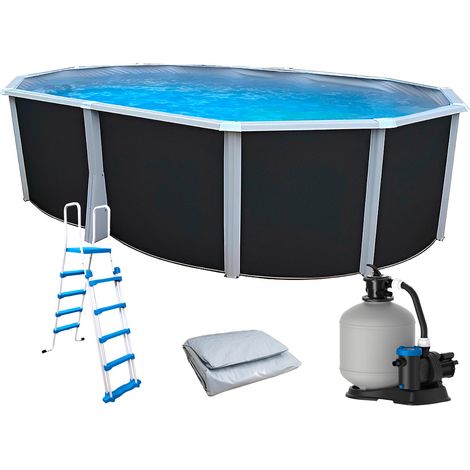 Kit piscine hors-sol acier Toi ANTHRACITE IBIZA ovale 550X366X132cm liner gris (1/5)