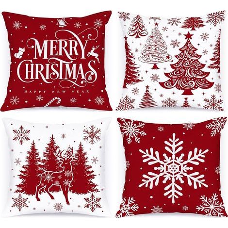 Lot de 4 Housses de Coussin de Noël, Rouge Housse d'oreiller 45 x 45cm, Taie d'oreiller Décorative Arbre de Noël, Noel Deco en Hiver pour Salon Chambres Canapé, Décoration intérieure (1/5)