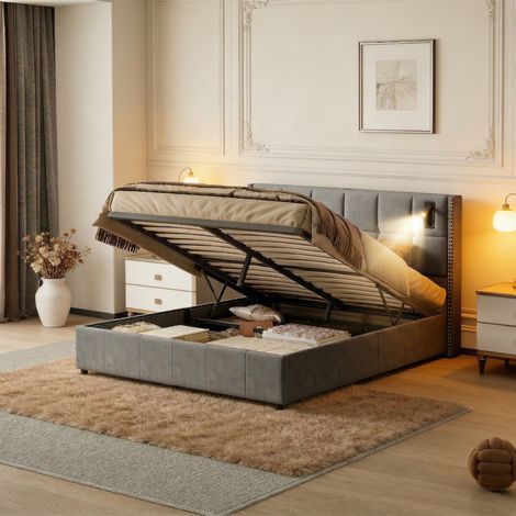 Letto matrimoniale contenitore 160x200 cm grigio con luce LED lettura, letto imbottito idraulico, rete a doghe, design moderno