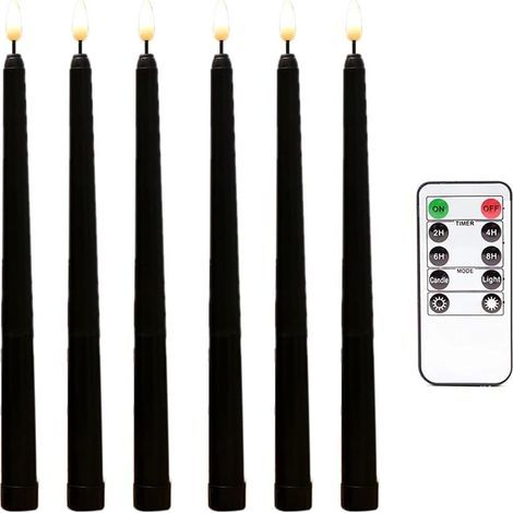 6-teiliges Set schwarzer, flammenloser, flackernder Spitzkerzen mit 10-Tasten-Fernbedienung und Timer, batteriebetriebene LED-Kronleuchter-Fensterkerzen (1/5)