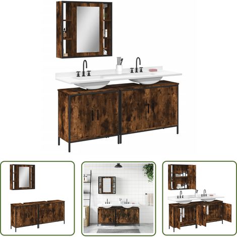 The Living Store 3-tlg. Badmöbel-Set Räuchereiche Holzwerkstoff - Badezimmermöbel - Badschrank - Spiegelkommode - Rauchfarbenes Badmöbel - Holzmöbel (1/5)