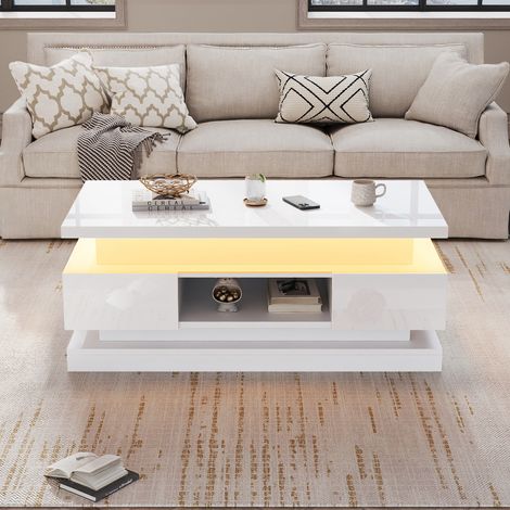 Table basse relevable blanche 100x50x40 cm,2 tiroirs,LED et rangement caché. Finition brillante pour le salon contemporain. (1/5)