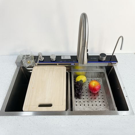 Multifunktionales Edelstahlwaschbecken mit Wasserfallarmatur, silberfarbenes Silesia-Emaille (1/5)