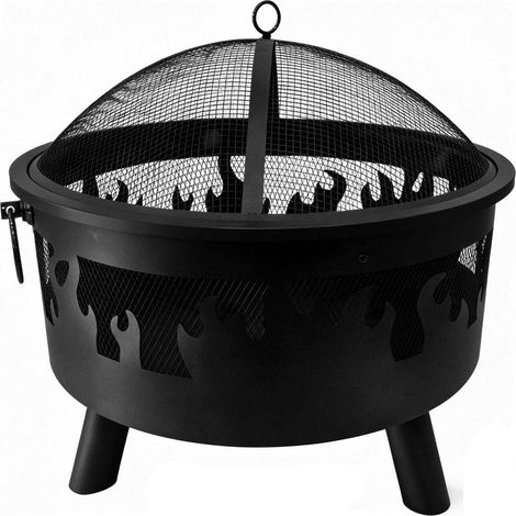 Brasero de jardin avec pare-étincelles 62 x 66 cm ambiance cosy motif flammes style moderne en acier noir (1/3)