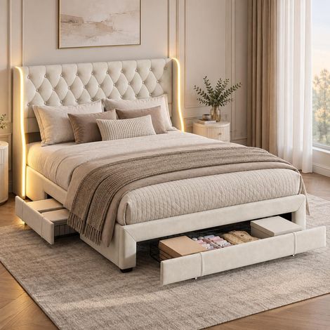 Cama Doble 160x200 cm con 3 Cajones de Almacenaje, Cama de Adulto con LED RGB, Somier de Láminas, en Tela Suave, Beige (1/5)